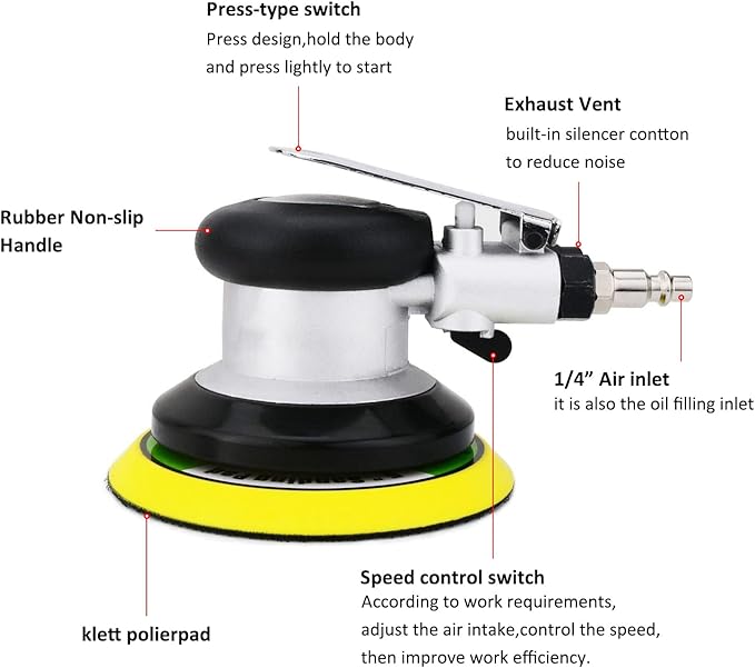 5 inch Pneumatic Orbital Sander, Air Sander with Hook and Loop Sanding Pad for Woodworking, Autobody Work(Silver)
