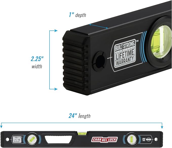 CHANNELLOCK 24-Inch, Professional-Grade Aluminum Box Level with Solid Block Acrylic Vials, 5200-0024