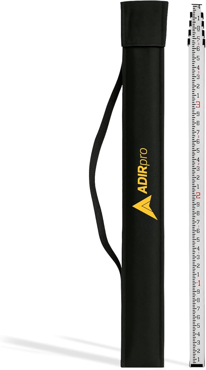 AdirPro 16-Foot Aluminum Grade Rod - 10ths, Dual Sided 5-Section Telescopic Leveling Rod – Bubble Level and Soft Carrying Case Included