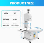 1800W Commercial Electric Bone Saw Machine, 0-7.8 Inch Cutting Thickness, 2.8HP Frozen Meat Cutter 110V Bandsaw Machine, 15" x 20" Table Sawing for Frozen Meat Rib Pork Beef with 8 Saw Blades