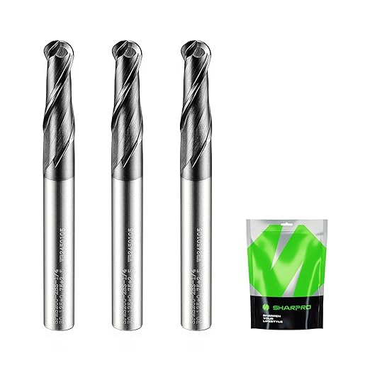 Carbide Ball Nose End Mills 2 Flute 1/4 Inch SHK. and Cutting Dia. 3D Carving, High-Speed and Deep Cutting, AlCrN Coated, Apply for Alloy Steel, Stainless Steel and Various Cast Iron. (3PCS)