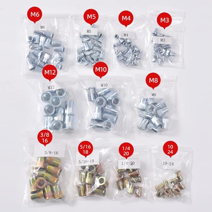 Rivet Nut Tool Set, 13” Rivnut Tool Kit with 11 Metric and SAE Mandrels, 150Pcs Rivet nut Assortment Kit, and Rugged Carrying Case