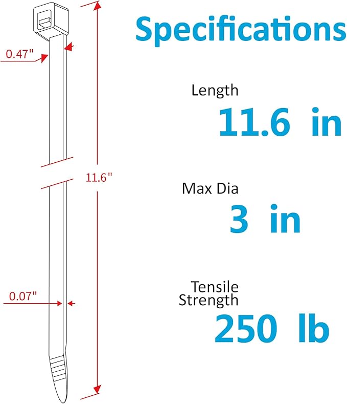 Zip Ties Heavy Duty with 250 Pounds Tensile Strength, 11.6", Black, Heavy Duty Cable ties, 250 Pieces,by Karoka
