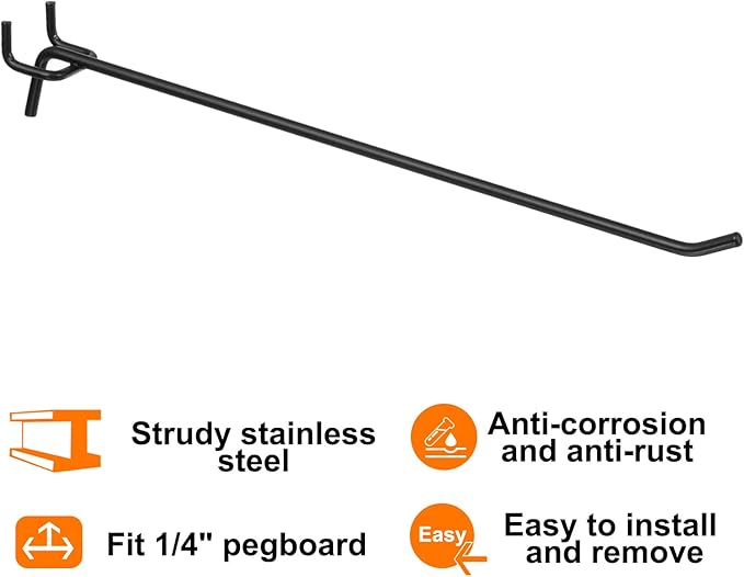 HARFINGTON 25pcs Pegboard Shelving Hooks 10" Stainless Steel Peg Board Display Hook Hanging Holders Wall Mount Organize Tools for Workbench Garage Kitchen Store, Black