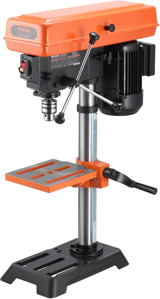 VEVOR 10 in Benchtop Drill Press, 6.2A Induction Motor, Tabletop Drilling Machine with 610/940 / 1500/2150 / 2800 RPM Adjustable Speed, 0-45° Tilting Worktable, LED Work Light, for Wood Metal