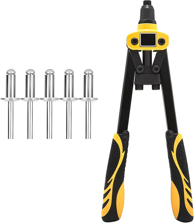 13" Rivet Gun, Rivet Gun Kit with 5 Pcs Rivets, 3 Nosepieces Manual Hand Pop Rivet Gun(1/8", 5/32", 3/16"), Heavy Duty Rivet Tool for Metal, Aluminum, Stainless Steel