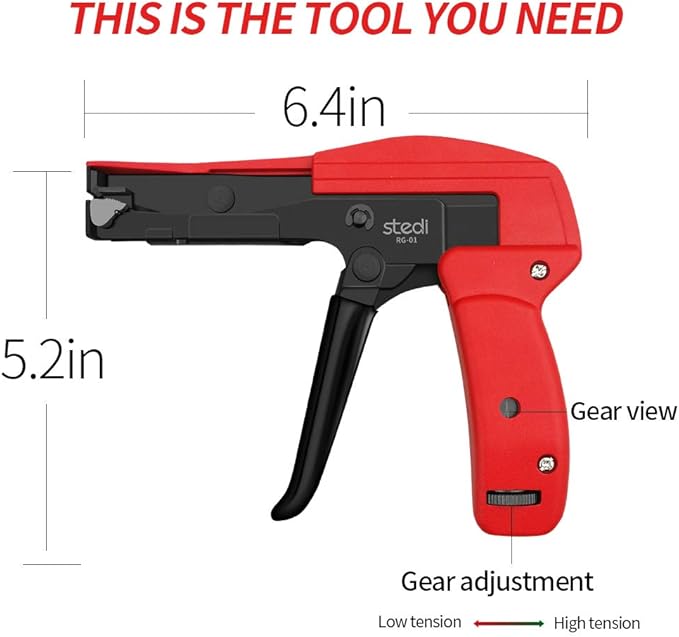 stedi Cable Tie Gun, Ergonomic Hand Operated Zip Tie Gun [Premium], Sharp and Wear Resistant, Cable Wire Fastening and Cut-Off Tie Tool, Special for Cut Plastic Nylon Ties, Red, 6.3 Inches Length