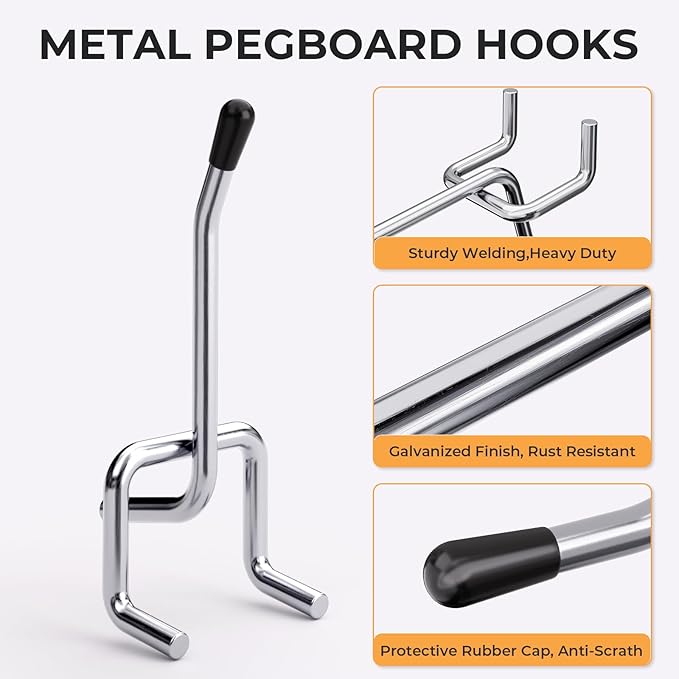 INCLY 50 Pack Pegboard Hooks, 2 Inch Metal Peg Board Hooks Accessories, Peg Board Tool Hangers Fit for 1/8“ and 1/4" Pegboard Hanging Tools for Garage, Craft Room, Kitchen, Store