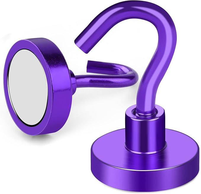 MIKEDE Magnetic Hooks Heavy Duty, 28Lbs Neodymium Magnets with Hooks for Refrigerator, 10Pcs Strong Cruise Hooks for Hanging, Magnetic Hanger for Grill, Toolbox, Storage - Purple