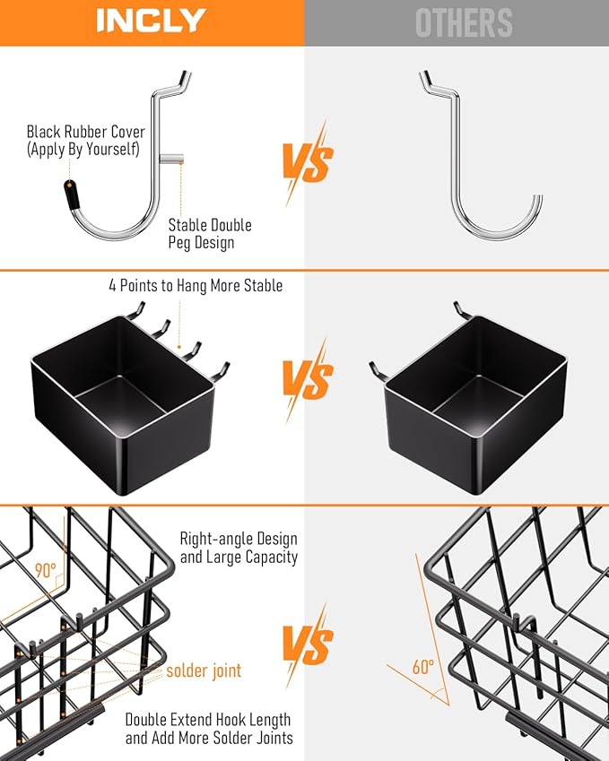 INCLY 238PCS Pegboard Accessories Organizer Kit, Peg Board Hooks Assortment with Peg Bins, Baskets, Paper Towel Holder for 1/8 and 1/4 inch Pegboard Hanging Tools, Garage Wall Storage Attachments