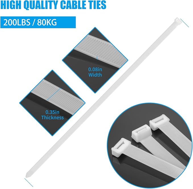 18 inch White Zip Ties Heavy Duty 100 PACK, 200 LBS Ultra Exclusive Strong Plastic Wire Ties, Large Cable Ties Extra Long Tie Wraps, Indoor and Outdoor UV Resistant