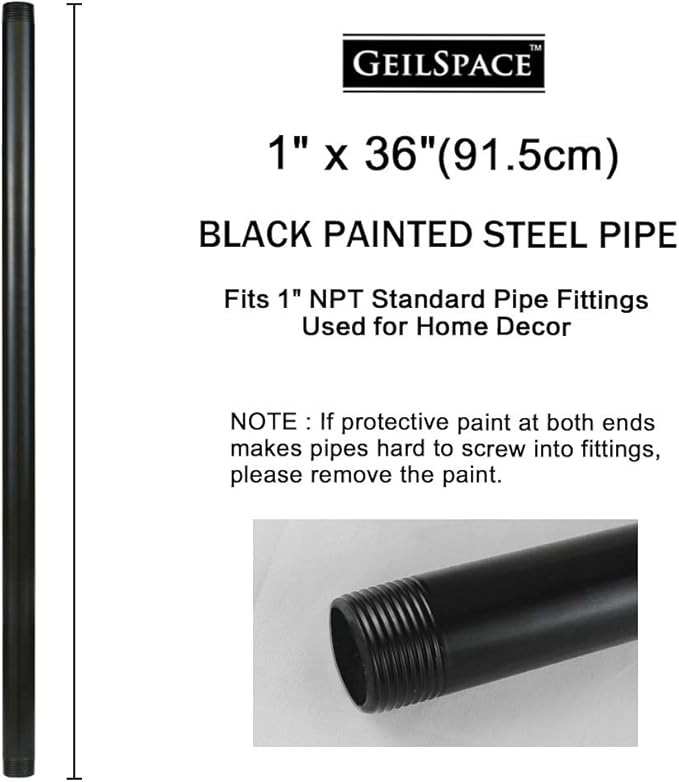 GeilSpace 1" × 36" Pre-Cut Black Metal Pipe, Industrial Steel Fits Standard One Inch Black Threaded Pipes and Fittings - Vintage DIY Industrial Shelving (1" × 36")