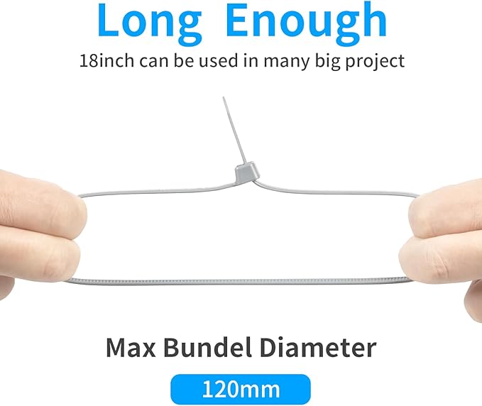 18 inch Silver Zip Ties Heavy Duty 100 PACK, 200 LBS Ultra Exclusive Strong Plastic Wire Ties, Large Cable Ties Extra Long Tie Wraps, Indoor and Outdoor UV Resistant