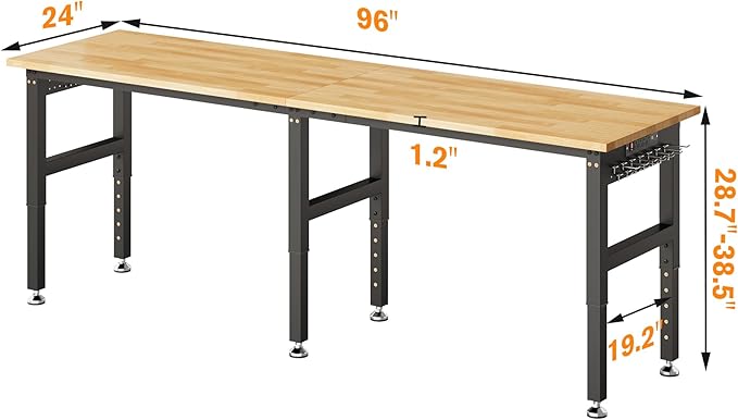 SPECRAFT 96“ Adjustable Heavy Duty Workbench with 4 AC Outlet and 2 USB Ports Power Outlets, 5000 Lbs Capacity, Rubber Wood Top for Garage, Workshop, Office