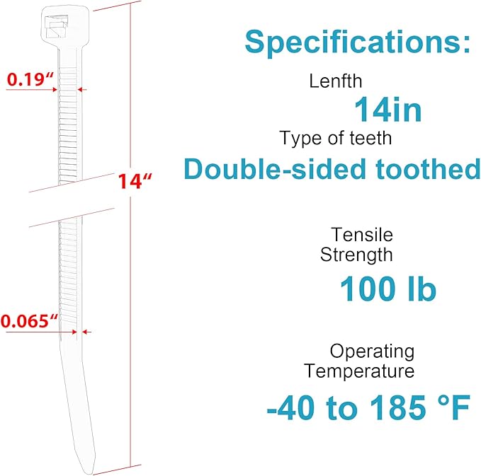14 Inch Zip Ties Double Sided Toothed (Bulk 1000 Pack),100 LBS Tensile Strength Heavy Duty Cable Wire Ties With Self-Locking Adjustable More Durable Nylon Tie Wraps for Indoor Outdoor