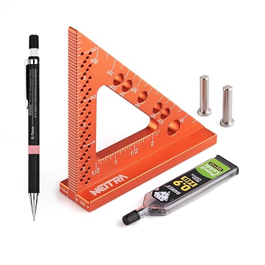 Neitra Small Square Ruler with Fixed Angle Pin, Accurate Compact Aluminum Alloy Mini Squares with Laser Etched Markings, Includes a Mechanical Pencil for Carpenter Woodworking Furniture Projects