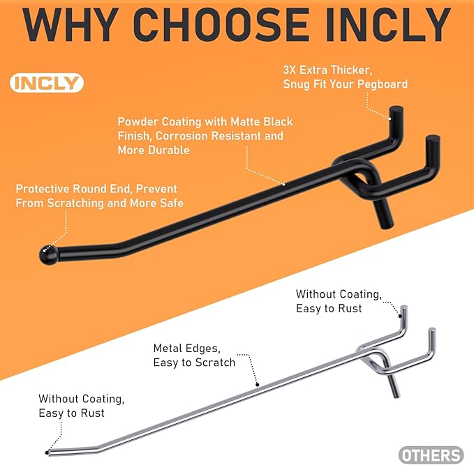 INCLY 60 Pack 4/6/8 Inch Black Pegboard Hooks, 1/4" Heavy Duty Peg Board Shelving Hooks Accessories, Peg Board Tool Hangers Fit 1/4" Pegboard for Organizing Garage, Craft Room, Kitchen, Store