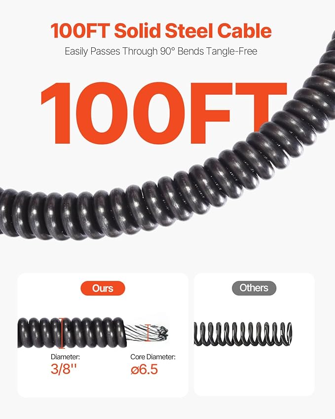 VEVOR Drain Cleaning Machine 100FT x 3/8 Inch, Sewer Snake Machine Auto Feed, Drain Auger Cleaner with 4 Cutter & Air-Activated Foot Switch for 2" to 4" Pipes, Orange, Black