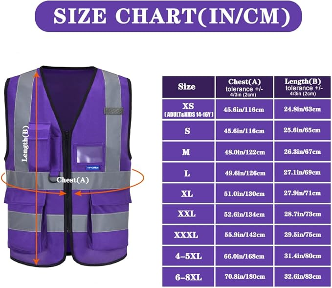 A-SAFETY Purple High visibility vest,Reflective Safety Vest Workwear 7 Pockets Hi Vis Durable Vest with Reflective Tapes 4 Lower Pockets