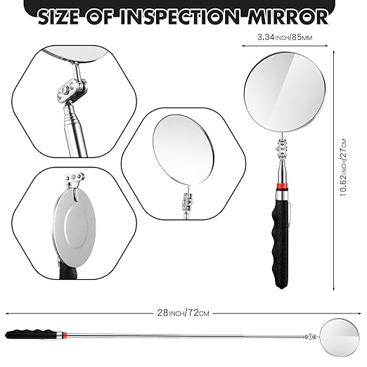 1 Pcs Telescoping Inspection Mirror Mechanics Automotive Tool with Long Handle Extendable Mirror on a Stick for Technicians Mechanics Contractors Checking Observation(Black,85mm Round)