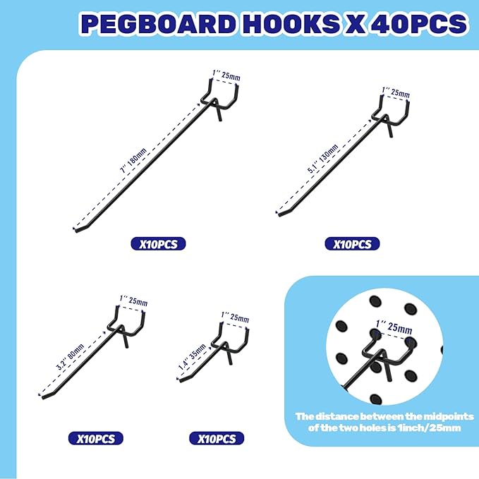40Pcs Black Stainless Steel Pegboard Display Hooks Assortment Set, 2" 4" 6" 8" Garage Organization Peg Wall Hook Metal Slatwall Panel Hook Fit 1/8 and 1/4 Inch Pegboard for Retail