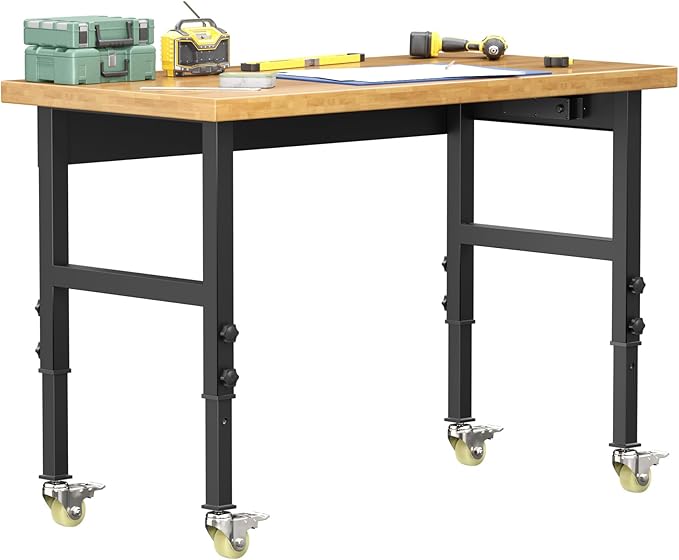 48' Adjustable Workbench, Solid Wood Work Bench Table with Wheels and Power Outlet, Rolling Workbenchs Large Load Capacity Garage Workbench for Workshop,Office,Home