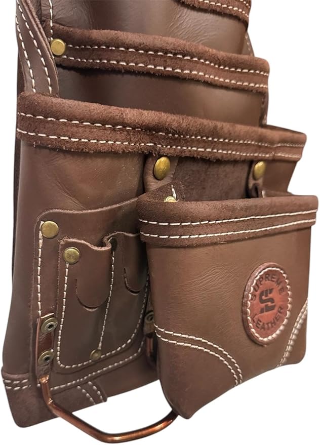 Supreme Leather Tool Pouch for Construction Carpenter Tool Bag Electrician's Pouch | 10 Pockets 2 Stainless Steel Hammer Holders Top Grain Leather Bag