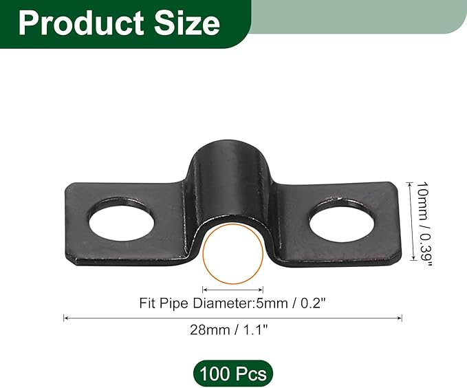 uxcell 100Pcs U-Shaped Pipe Clamp, 3/16 Inch(5mm) 2 Hole U-Tube Strap Clamp Heavy Duty Connector Bracket for Conduit Cables Wire Cord, Black