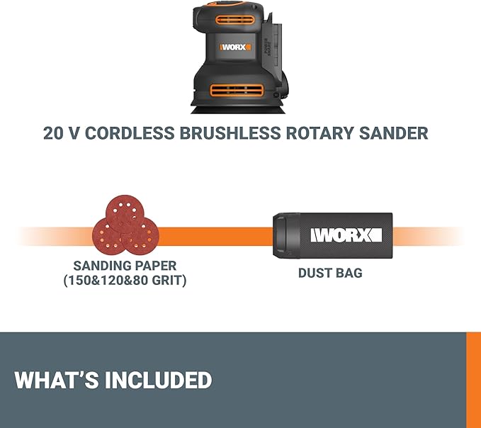 WORX 20 V WX823L.9 Cordless Random Orbital Sanders, Brushless Sander Cordless, 150/120/80 Grit sanding paper, 20V Cordless Sander Tool Only, WX823L.9