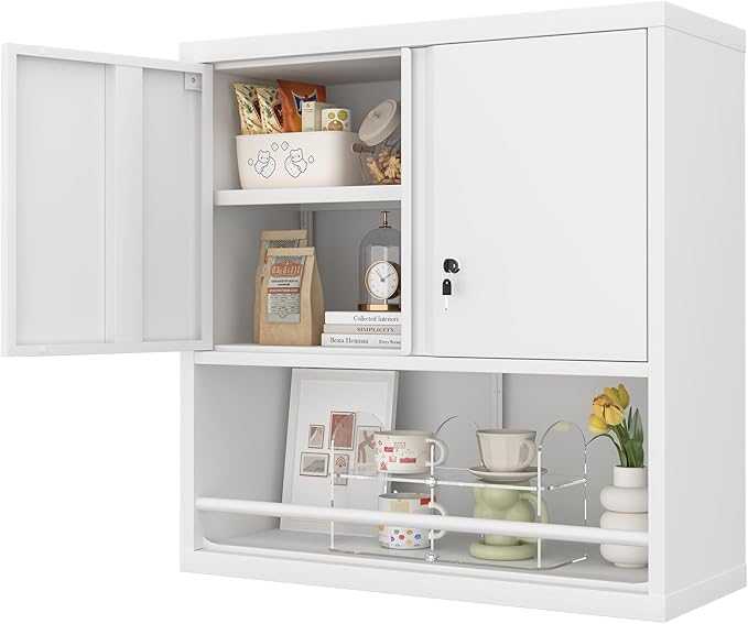 Metal White Cabinet Wall Mounted, Small Wall Storage Cabinets with 2 Door Adjustable Shelves, Bathroom Metal Wall Cabinet Over Toilet for Laundry Room Kitchen, Garage