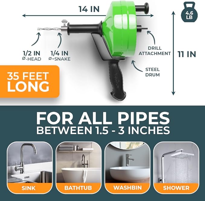 drain snake [35FT] - with drill attachment - Ideal plumbing snake for sink and drain unblocking - Solid drain auger for real DYIs! (35 FT - 1/4 inch)