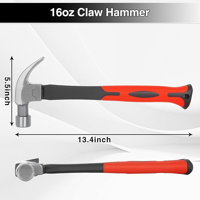 16OZ Claw Hammer with Fiberglass Handle, Drop Forged Claw Hammer, All Purpose Hammer, Smooth Face, Shock-Absorbing Grip