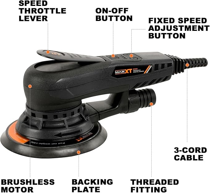 MAXXT Electric 5mm Random Orbital Sander Brushless 350W 3A Multi-function Variable Speed Electric Corded Orbital Sanders Machine with 10 Sanding Paper for Woodworking (R7303-5.0mmOrbit)