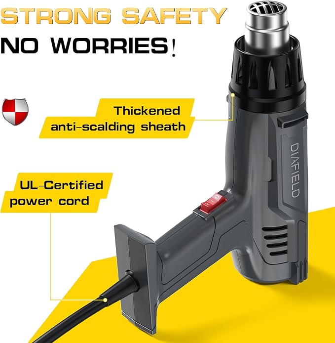 DIAFIELD 1850W Heat Gun, Dual Temperature Settings, AUTOXEL Fast Heat Hot Air Gun, Durable& Overload Protection, with 4 Nozzles for Shrink Wrap, Vinyl, Crafts, Epoxy Resin