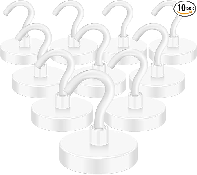 MIKEDE Strong Magnetic Hooks, 110Lbs Heavy Duty Magnetic Hooks for Cruise, Neodymium Earth Magnets with Hooks for Hanging, Super Metal Magnetic Hanger for Grill, Storage (White,10 Pack)