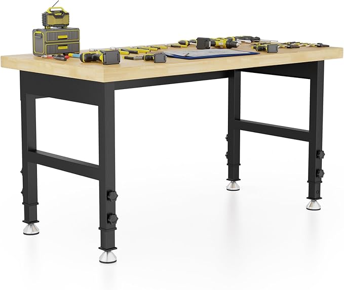 48'' Adjustable Workbench, Solid Wood Work Bench Table, Metal Tool Bench Work Bench with Power Outlet, Heavy Duty Large Load Capacity Garage Workbench Workshop Table for Workshop,Office,Home