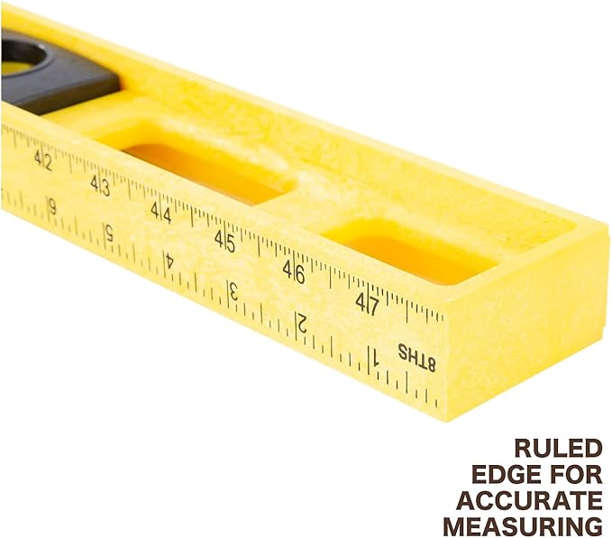 Mayes 10102 Polystyrene 4ft Level, 48 Inch Level Made in the USA, Contractor, Plumber, and Carpenter Tools, Impact Resistant Frame, Three Vials, Accurate to .001 Inch, Won’t Scratch Work Surfaces