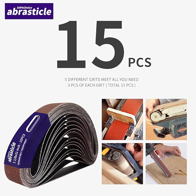 15 Pcs 1-1/8 x 21 Inch Assorted Aluminum Oxide Sanding Belt - 80/120/150/240/400 Grit