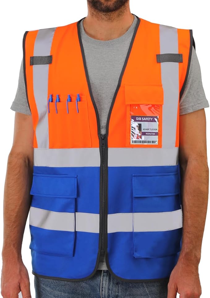 Dib Safety Reflective Vest High Visibility with Pockets and Zipper, Orange and Blue 2XL
