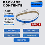 1 x 30 Inch Sanding Belts, 15 Pcs Assorted Grits (40/60/80/120/150), Zirconia Sanding Belts for Metal Polishing, Woodworking, Derusting