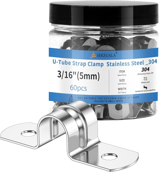 60Pcs 3/16 Inch (5mm) 304 Stainless Steel Conduit Clamps, U-Tube Strap Pipe Clamp 2 Hole Strap U Bracket Rigid Pipe Strap Metal U Clamp Conduit Strap Tension Clips U-tube Clamp