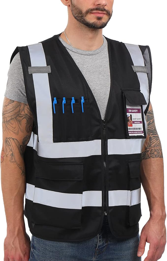 Dib Safety Reflective Vest High Visibility with Pockets and Zipper, Black 4XL
