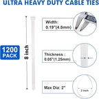 Zip Ties, RAZCC 1200pcs Cable Zip Ties 8 Inch, Heavy Duty White Plastic Wire Ties with 50lb Tensile Strength, Self-Locking Nylon Cable Ties, Wire Management for Indoor and Outdoor