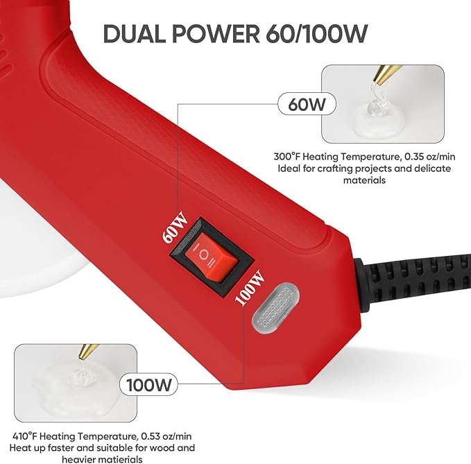 ROMECH Full Size Hot Glue Gun with 60/100W Dual Power and 21 Hot Glue Sticks (7/16"), Fast Preheating Heavy Duty Industrial Gluegun with Storage Case for Crafting, DIY and Repairs (Red)