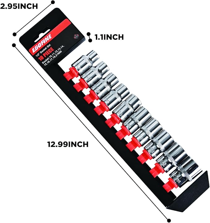 Egofine 10PCS 1/2” Drive Standard Socket Set,Shallow Socket Set,Metric Socket Set（10mm-21mm,6 Point Socket Set With Hanging Bracket,Cr-V Steel