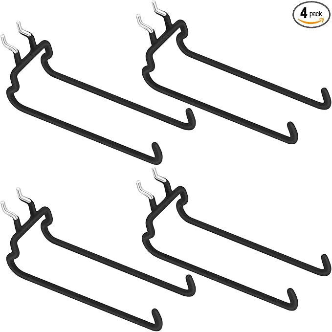 4 Pieces Pegboard Hooks Pegboard Drill Holder Double Power Tool Black Flat Utility Hook Peg Board Organization Accessory for Workbench, Garage Storage(7.48 x 2.8 x 3.66 Inch)
