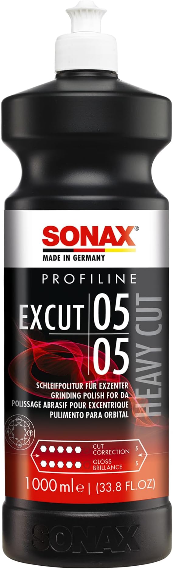 SONAX Profiline ExCut 05-05 | Heavy Cut Compound for Deep Scratch & Swirl Removal | High-Gloss Finish | Removes P1500 Sanding Marks, Scratches & Etching | Silicone-Free & Low Dust | 245300 | 1L