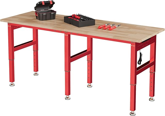 SPECRAFT 72" Red Adjustable Heavy Duty Workbench with 4 AC Outlet and 2 USB Ports Power Outlets, 5000 Lbs Capacity, Rubber Wood Top for Garage, Workshop, Office