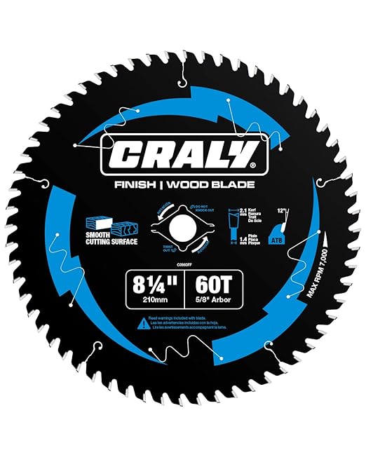 CRALY 8-1/4 Inch 60 Teeth Ultra Fine Finish Wood Cutting Circular Saw Blade, 5/8 Inch Arbor, Carbide Tipped, Thin Kerf, Black Ice™ Coating, for Plywood, MDF, OSB, Laminated(C0860FF)