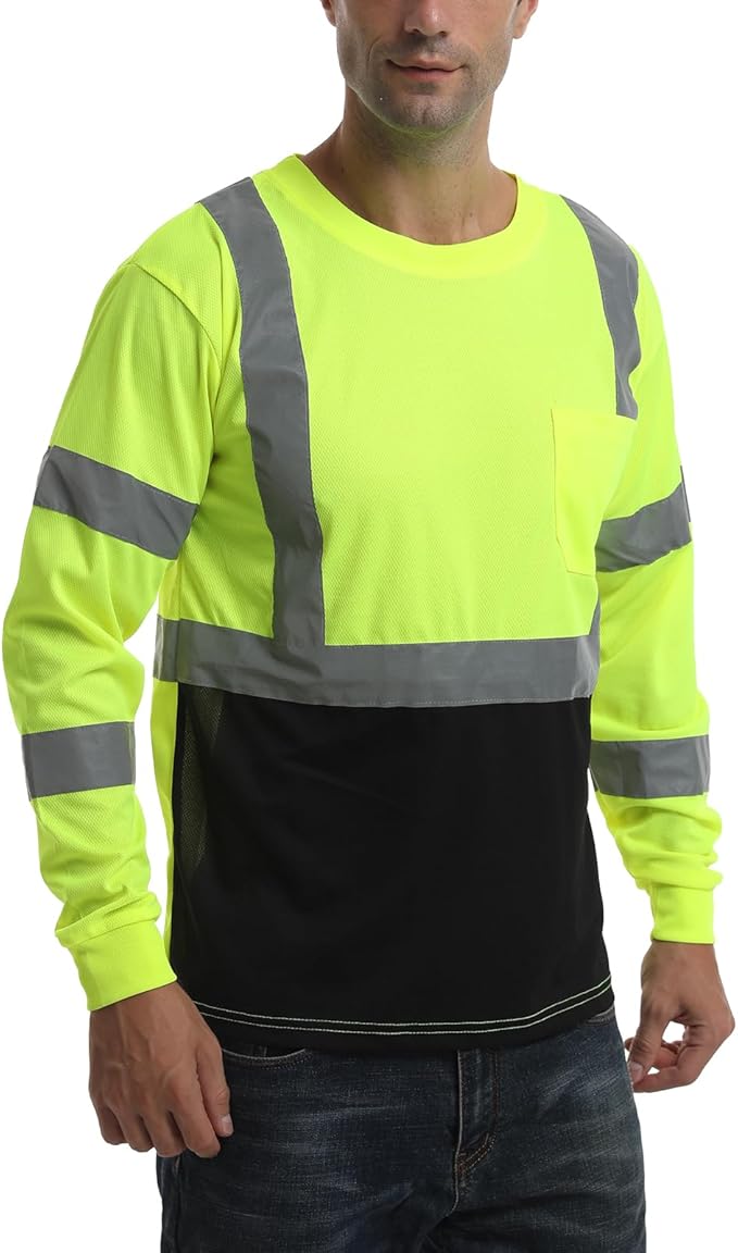 High Visibility Class 3 T Shirts，Hi Vis Safety Shirts with Reflective Strips and Pocket, Long Sleeve Quick Dry Mesh Construction Work Shirt for Men/Women Black Bottom Lime，Small